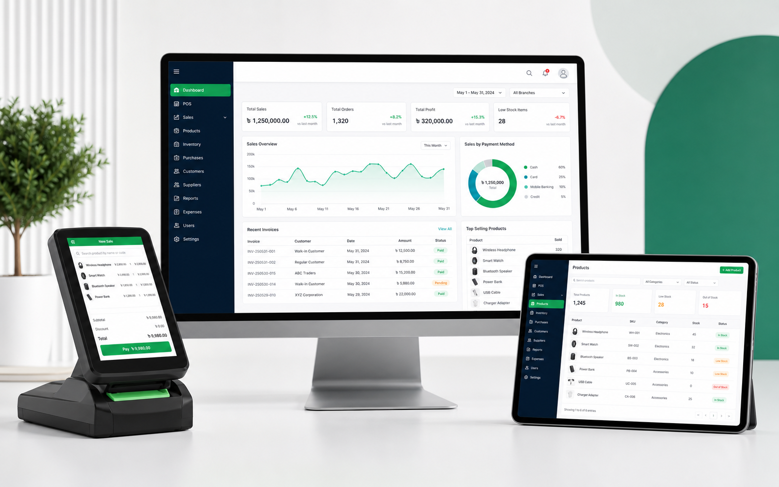 MySolution POS and ERP dashboard shown on desktop monitor, tablet and POS terminal
